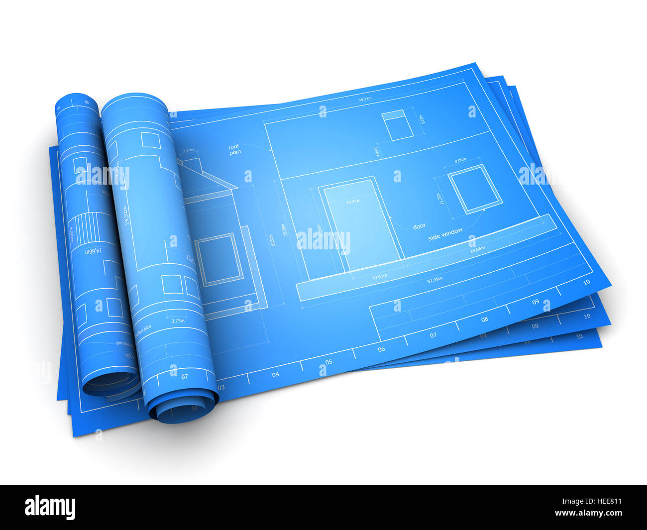 3d illustration of rolled blueprints of house Stock Photo 