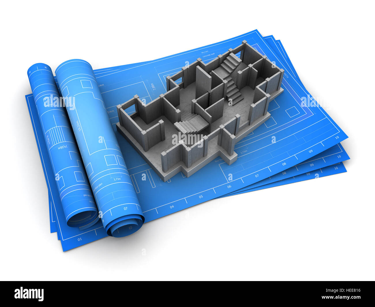 3d illustration of rolled blueprints and concrete building model Stock Photo