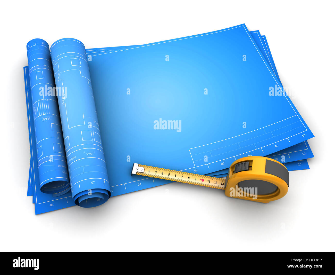 3d illustration of rolled blueprints, empty template Stock Photo