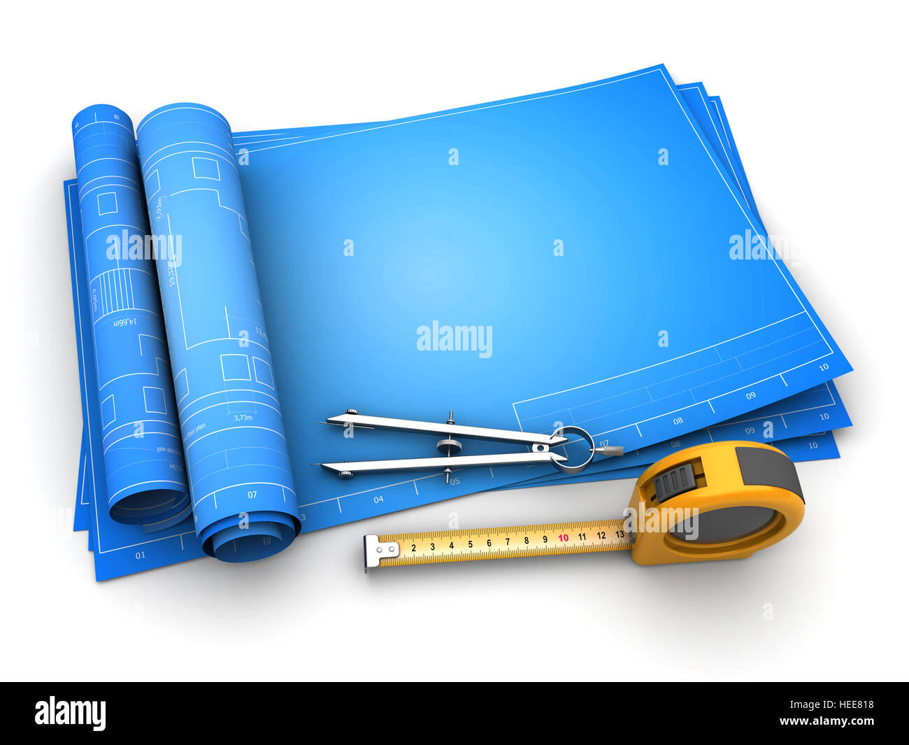 3d illustration of rolled blueprints and circle and rollette, over white background Stock Photo
