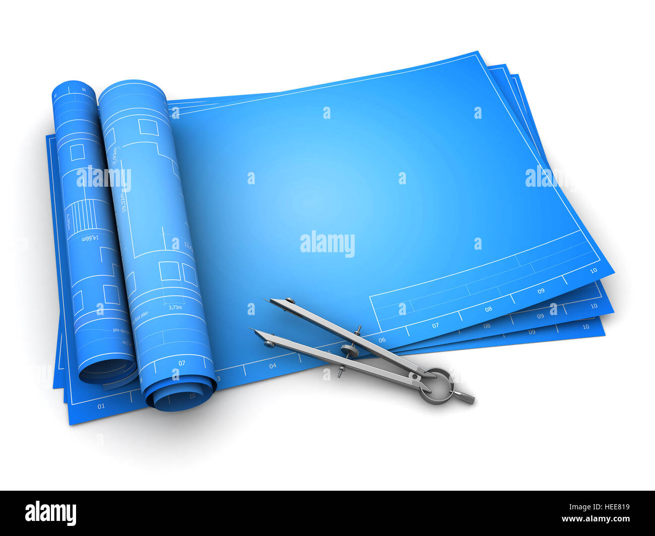 3d illustration of rolled blueprints and circle, over white background Stock Photo