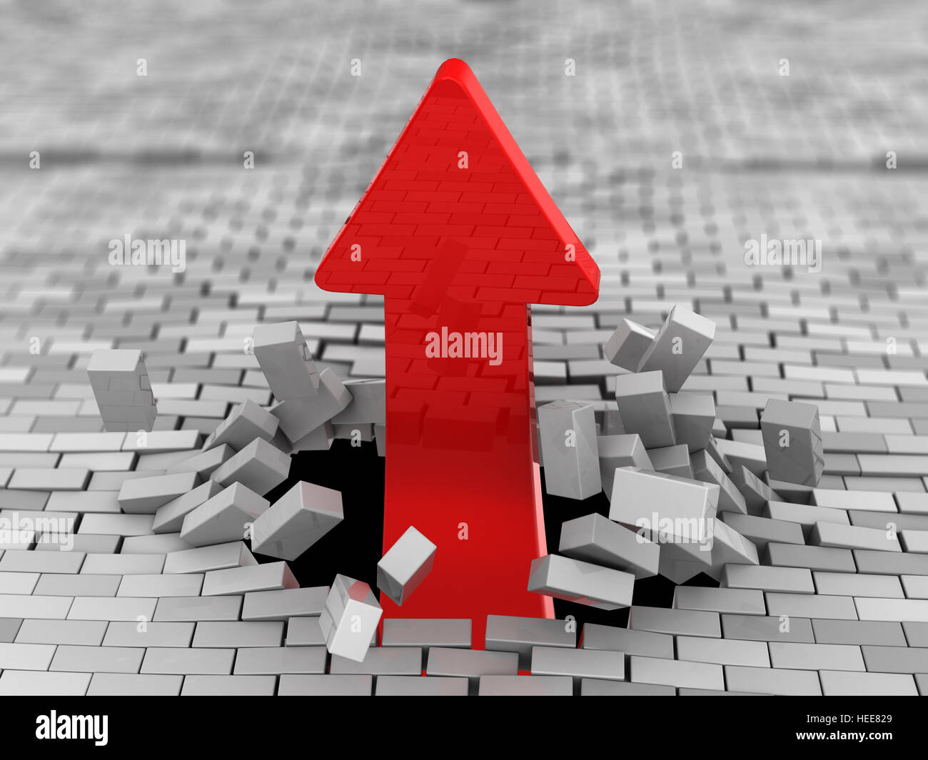 3d illustration of upward red arrow breaking brick wall Stock Photo - Alamy