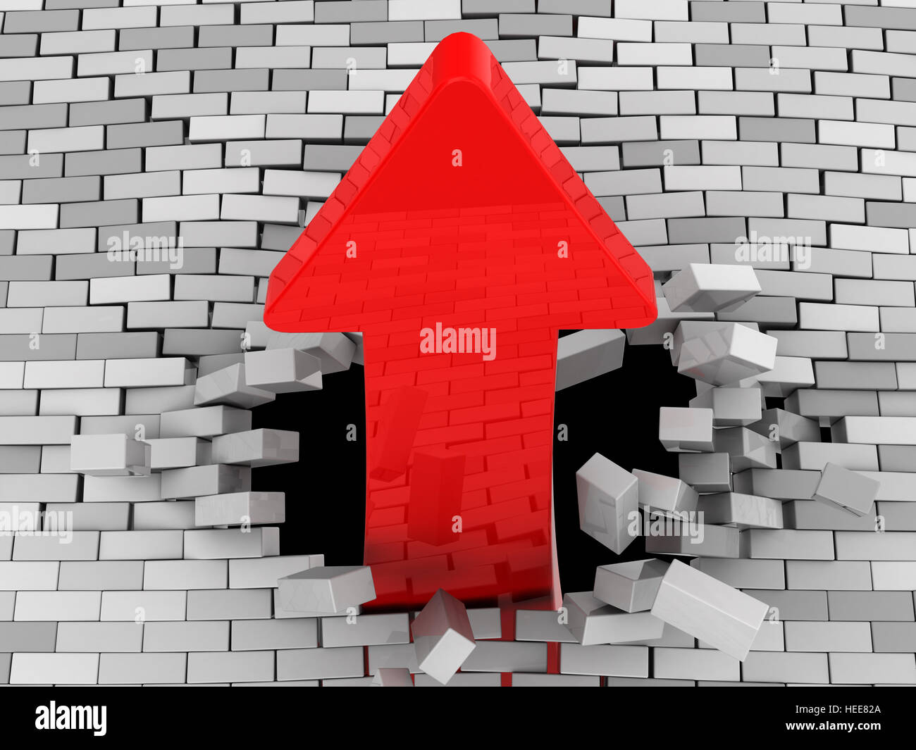 3d illustration of red arrow breaking brick wall Stock Photo - Alamy