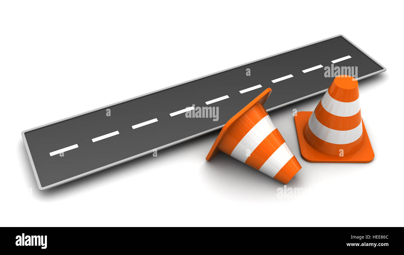 3d Illustration Of Road And Cones, Over White Background Stock Photo 