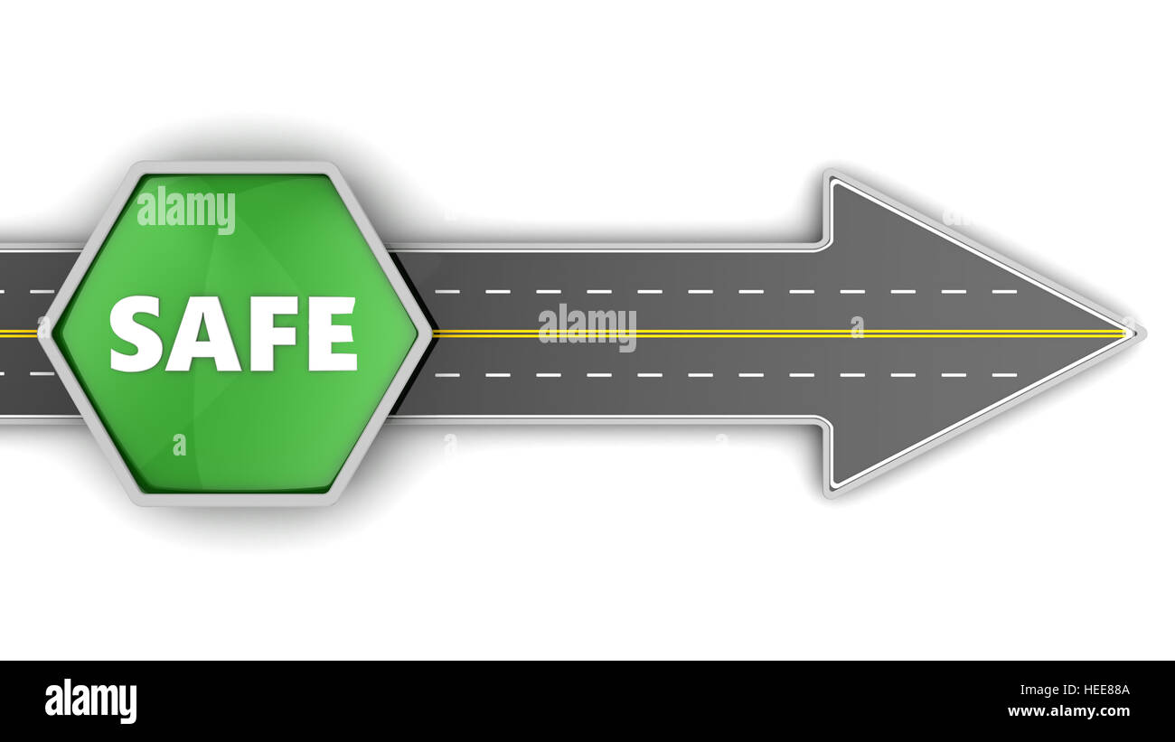 3d illustration of asphalt road with arrow and safe sign Stock Photo