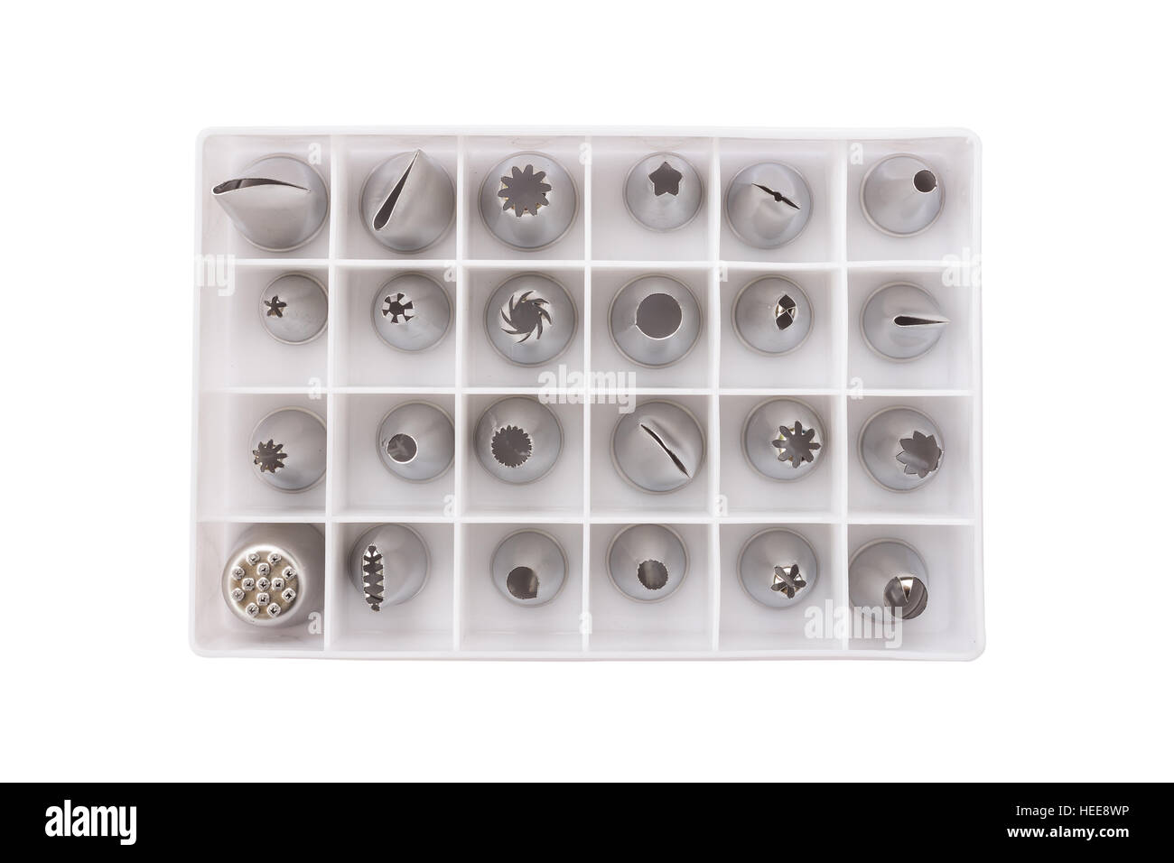 Various shape and sizes of cake decorating tips/ nozzles in box Stock Photo