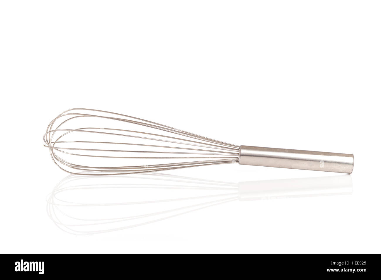 Close up stainless steel egg whisk isolated on white background Stock