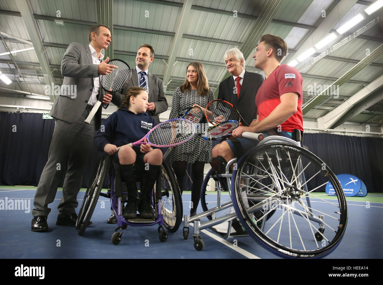 Paralympic, Wimbledon, Australian Open champion and Wheelchair Singles World Number One Gordon Reid (front right), Ellie Robertson (front left) with back row (left-right) Tennis ScotlandÂ’s Chair Blane Dodds, LTA Participation Director Alastair Marks , Minister for Sport Aileen Campbell and sportscotland Chair Mel Young during a photocall at an announcement at the Gannochy National Tennis Centre at the University of Stirling where the Boards of the LTA and sportscotland have approved a historic multi-million pound deal to grow the sport of tennis in Scotland and facilitate year-round play. Stock Photo