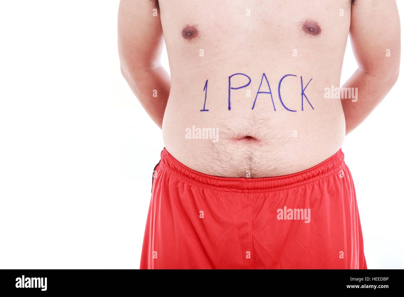 Portrait of fat man wrote 1 PACK on his belly isolated on white background : Fat and Healthy concept Stock Photo
