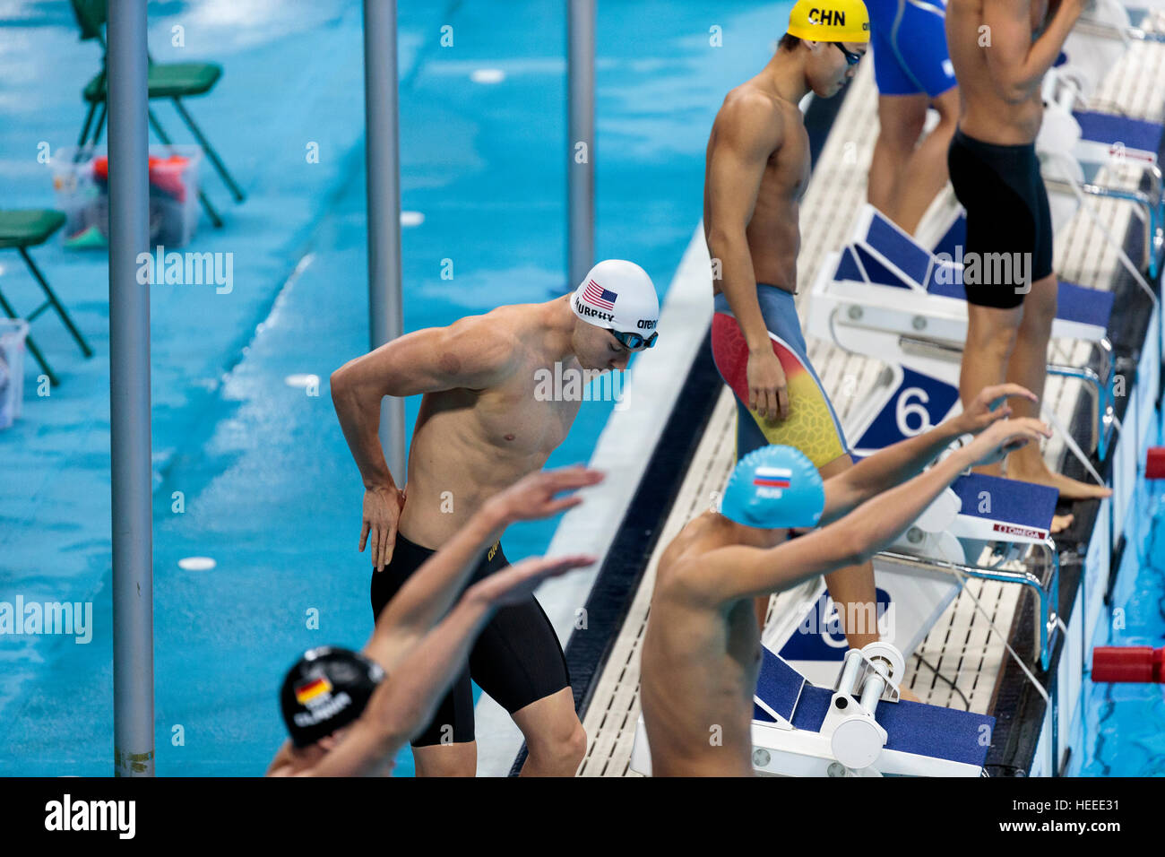 Rio de Janeiro, Brazil. 7 August 2016.  Ryan Murphy (USA) at the start of the men's 100m backstroke heat at the 2016 Olympic Summer Games. ©Paul J. Su Stock Photo