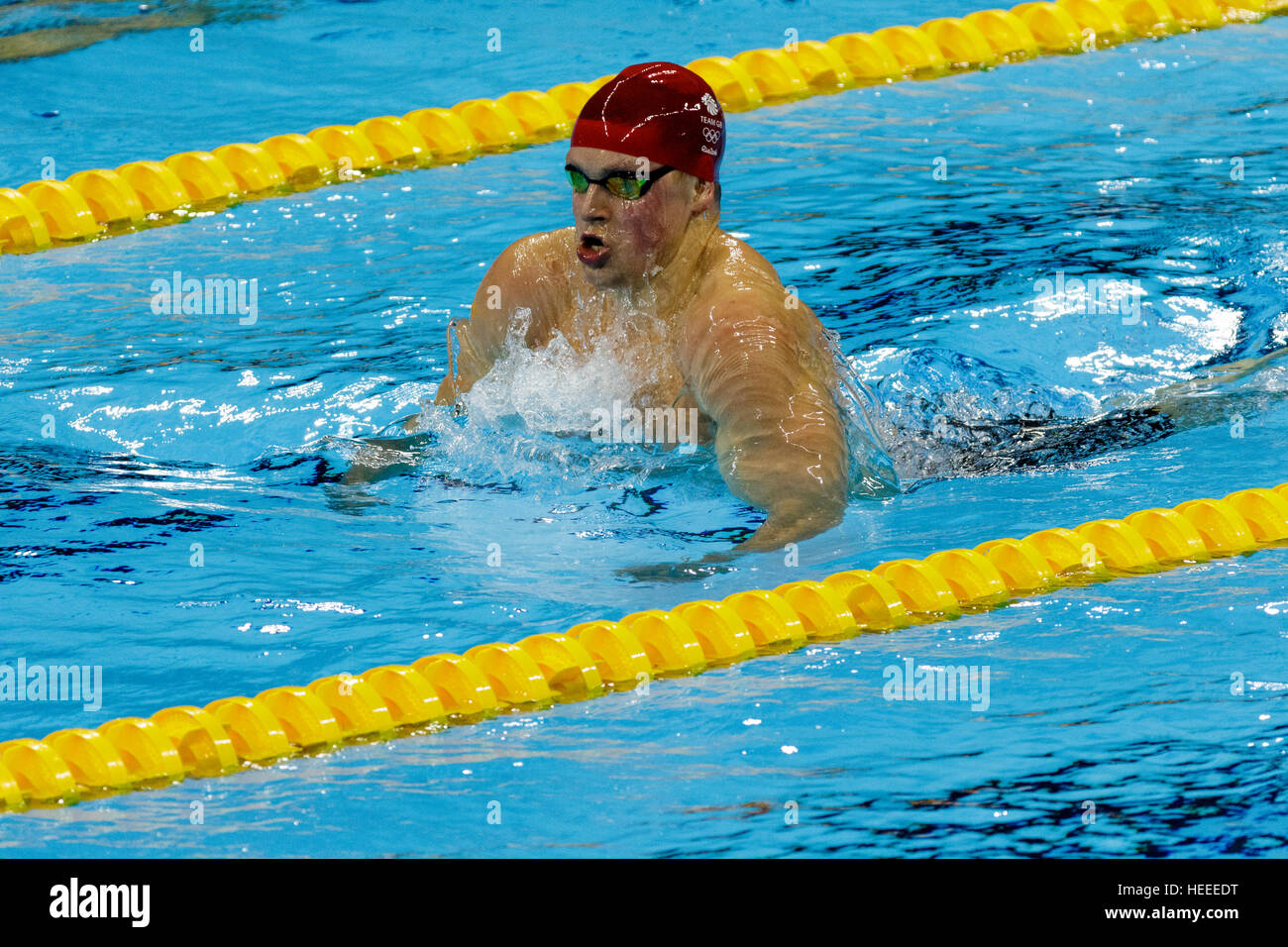 Rio de Janeiro, Brazil. 7 August 2016.   Adam Peaty (GBR) the gold medal winner of the Men's 100m Breaststroke at the 2016 Olympic Summer Games. ©Paul Stock Photo