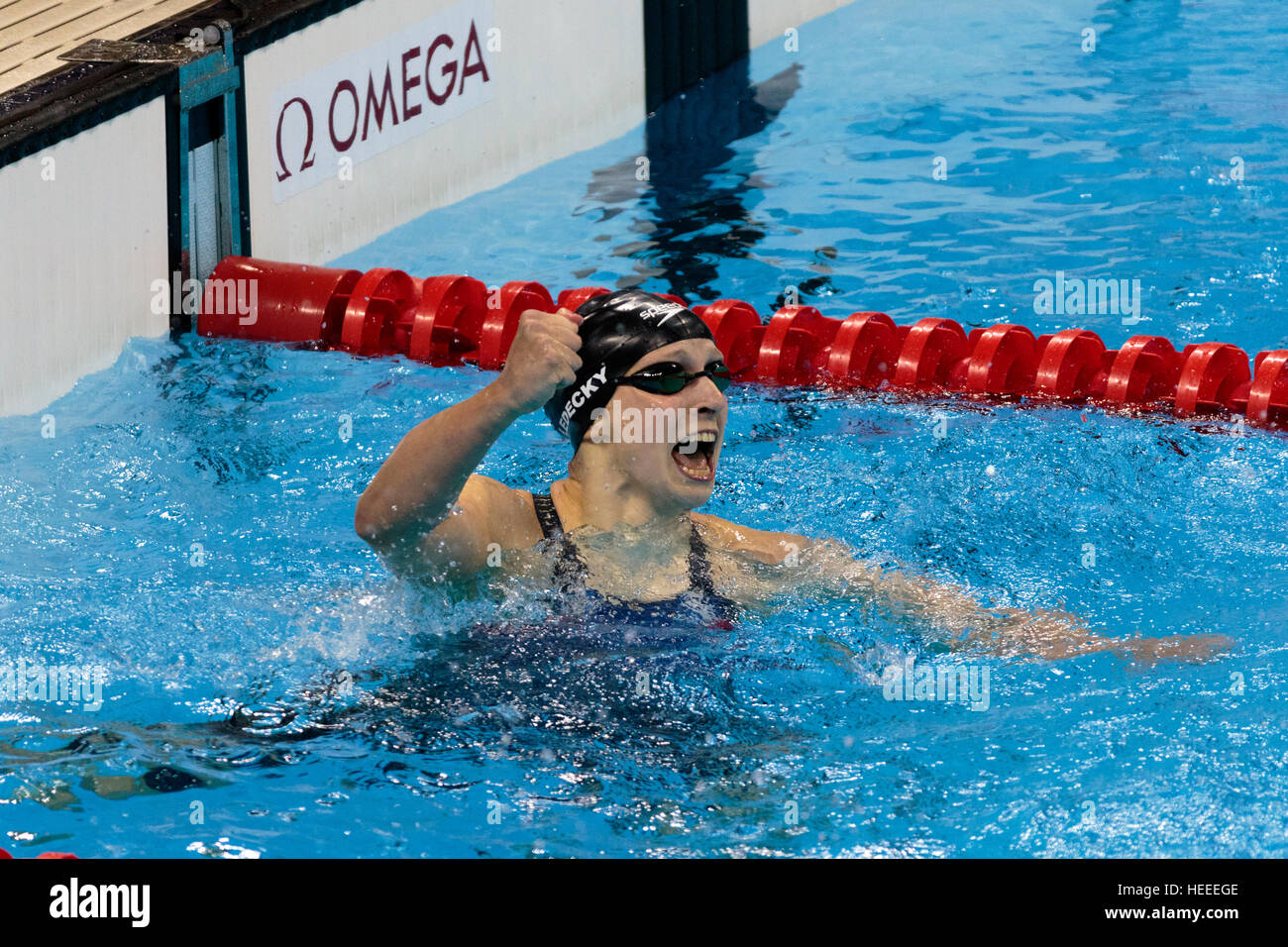 Rio de Janeiro, Brazil. 7 August 2016.   Katie Ledecky (USA) the gold medal winner of the Women's 400m freestyle at the 2016 Olympic Summer Games. ©Pa Stock Photo