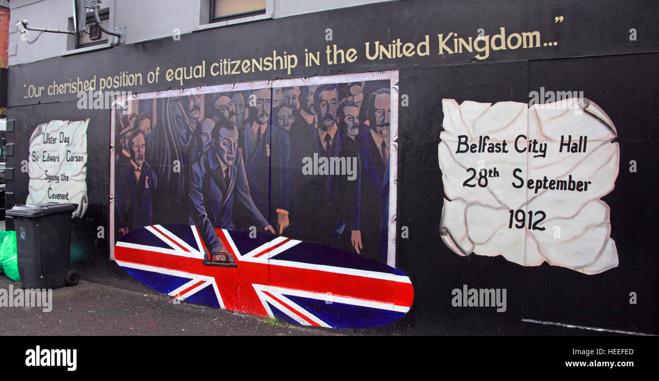 Belfast Unionist, Loyalist Mural - City Hall 28th September 1912,Cherished position of equal citizenship in the United Kingdom Stock Photo