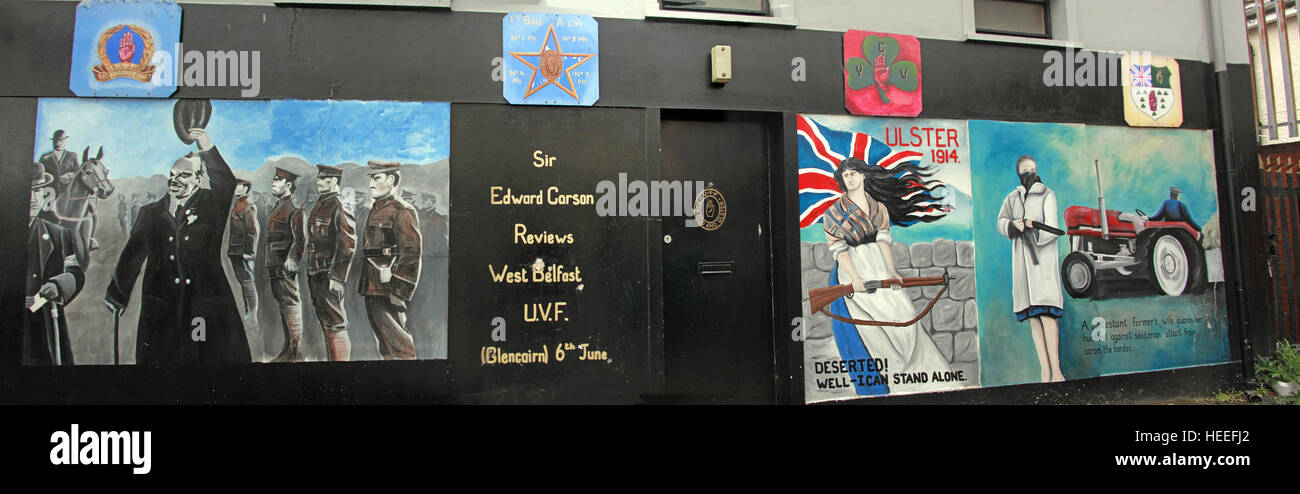 Belfast Unionist, Loyalist Mural pano,Sir Edward Carson reviews West Belfast UVF Glencairn 6th June Stock Photo