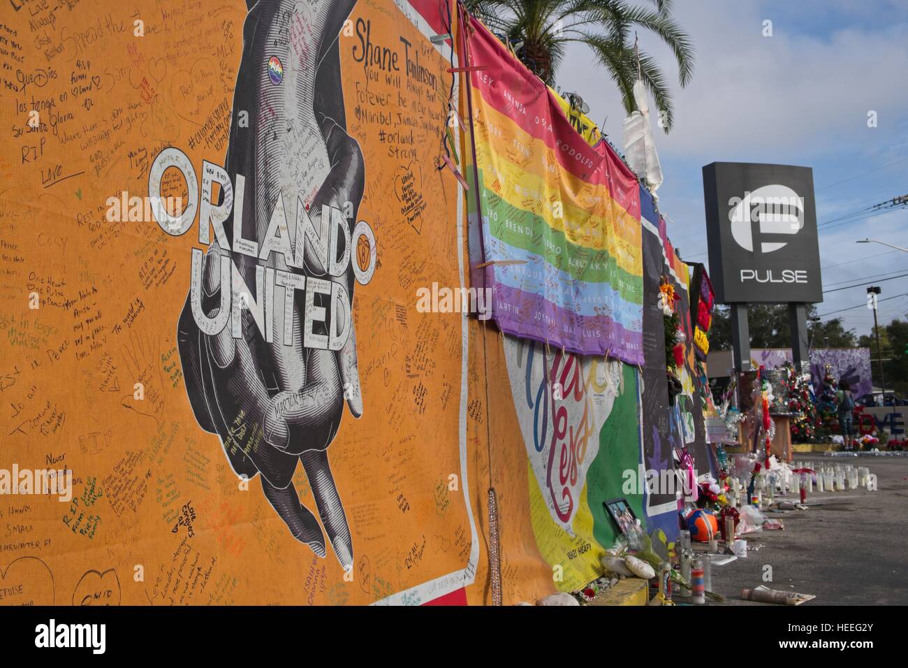 Tributes are left at a makeshift memorial around the Pulse Nightclub December 18, 2016 in Orlando, Florida. On June 12, 2016 49 people were killed and 53 injured in the deadliest mass shooting by a single gunman in U.S. history, and the deadliest terrorist attack on U.S. soil since the events of September 11, 2001. Stock Photo