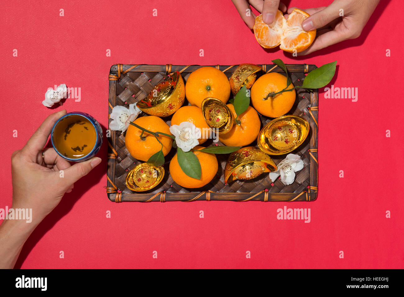 Chinese new year's decoration. Mandarin orange and gold sycee Stock Photo