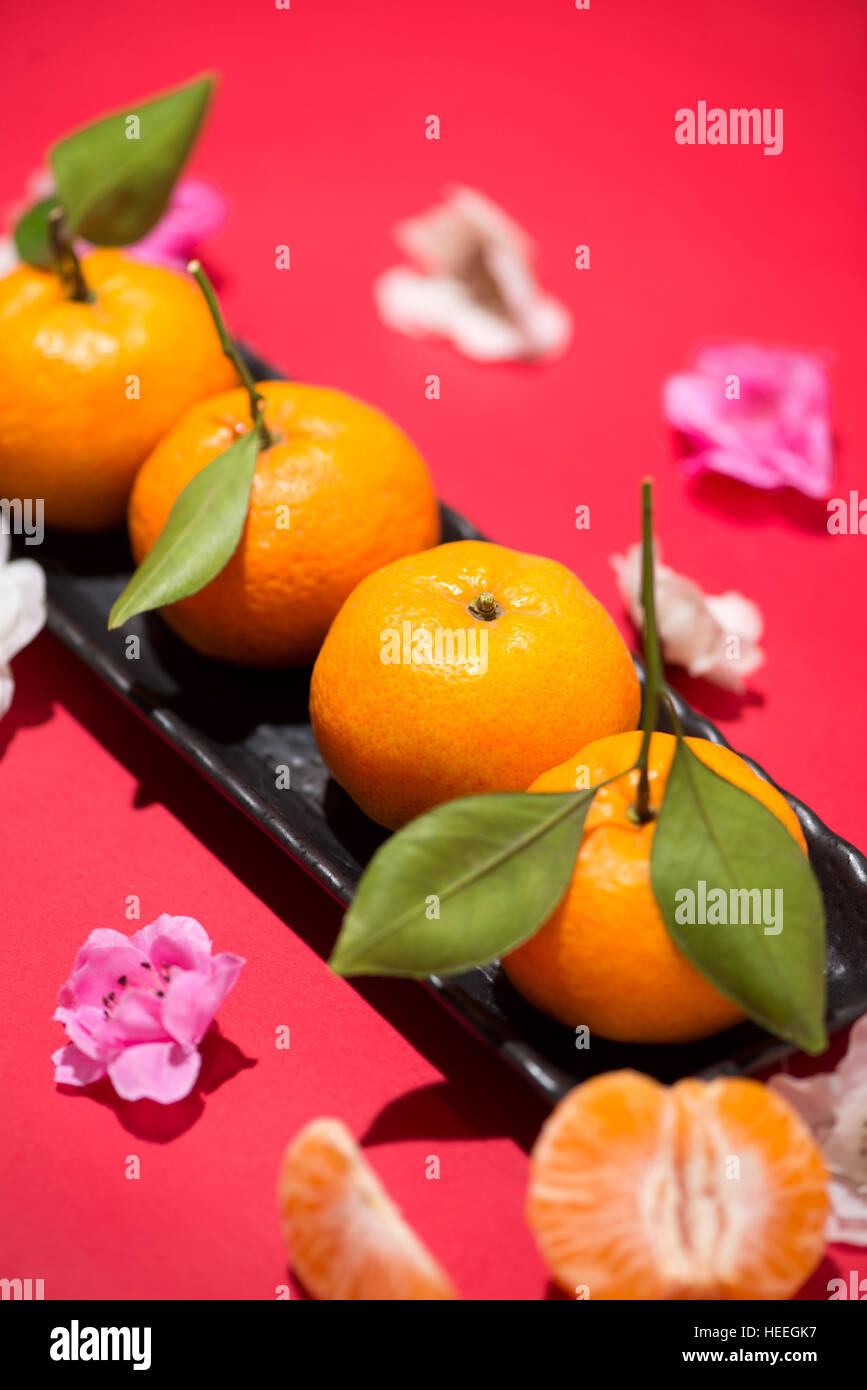 Chinese lunar new year. Close up tangerines Stock Photo