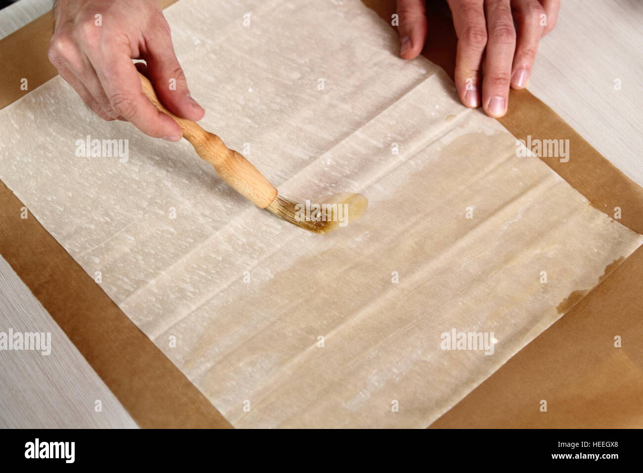 Brushing sheet of filo pastry with melted butter. Making Filo Pastry