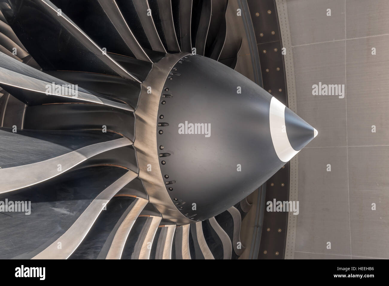 N1 fan blades on a large General Electric GE90 high bypass ratio turbine engine powering large modern airliners Stock Photo