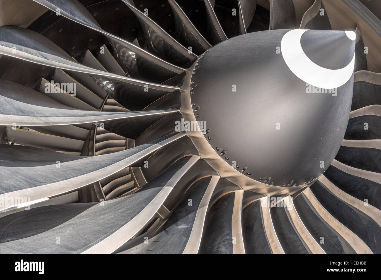 N1 fan blades on a large General Electric GE90 high bypass ratio turbine engine powering large modern airliners Stock Photo