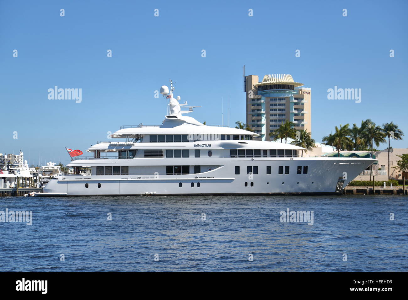 The luxury yacht Invictus moored at Fort Lauderdale, Florida, USA in front of the Hyatt hotel Stock Photo