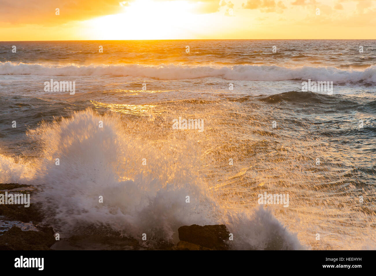 Sunset over ocean, Atlantic ocean shore, Cape Spartel near Tangier, Morocco Stock Photo