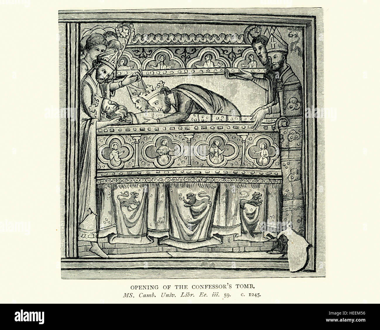 Medieval illustration of the Opening of Edward the Confessor's tomb in Westminster Abbeym in 1245 Stock Photo