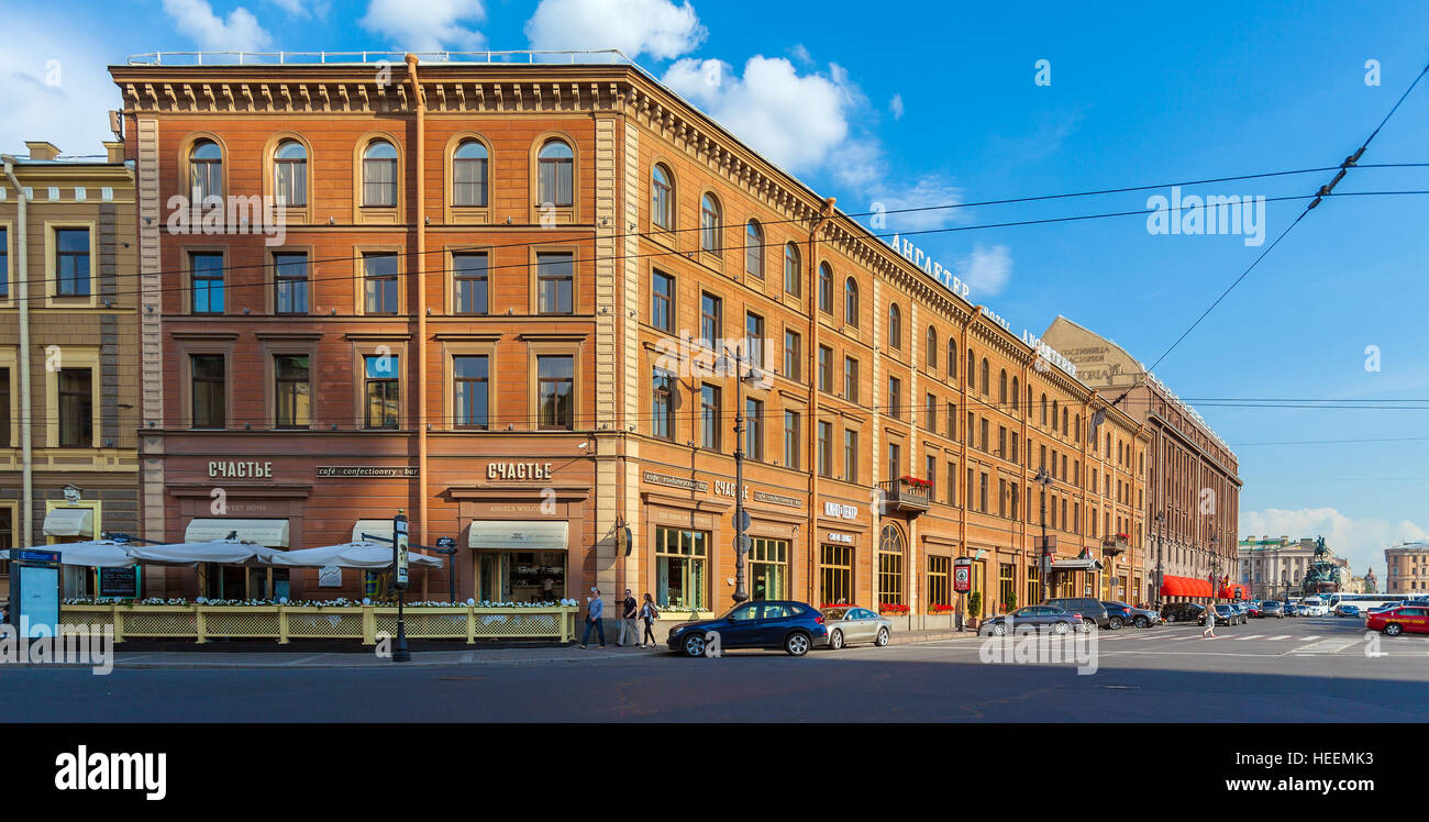 SAINT PETERSBURG, RUSSIA - JULY 26, 2014:  Famous hotel Angleterre and the Astoria and cafe 'Happiness' Stock Photo