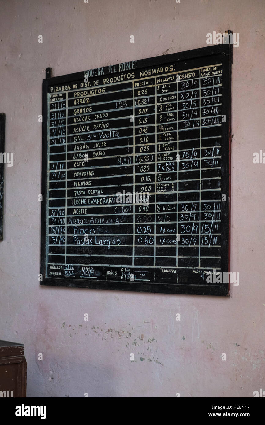 Blackboard with prices of goods in ration shop, Trinidad, Cuba Stock Photo