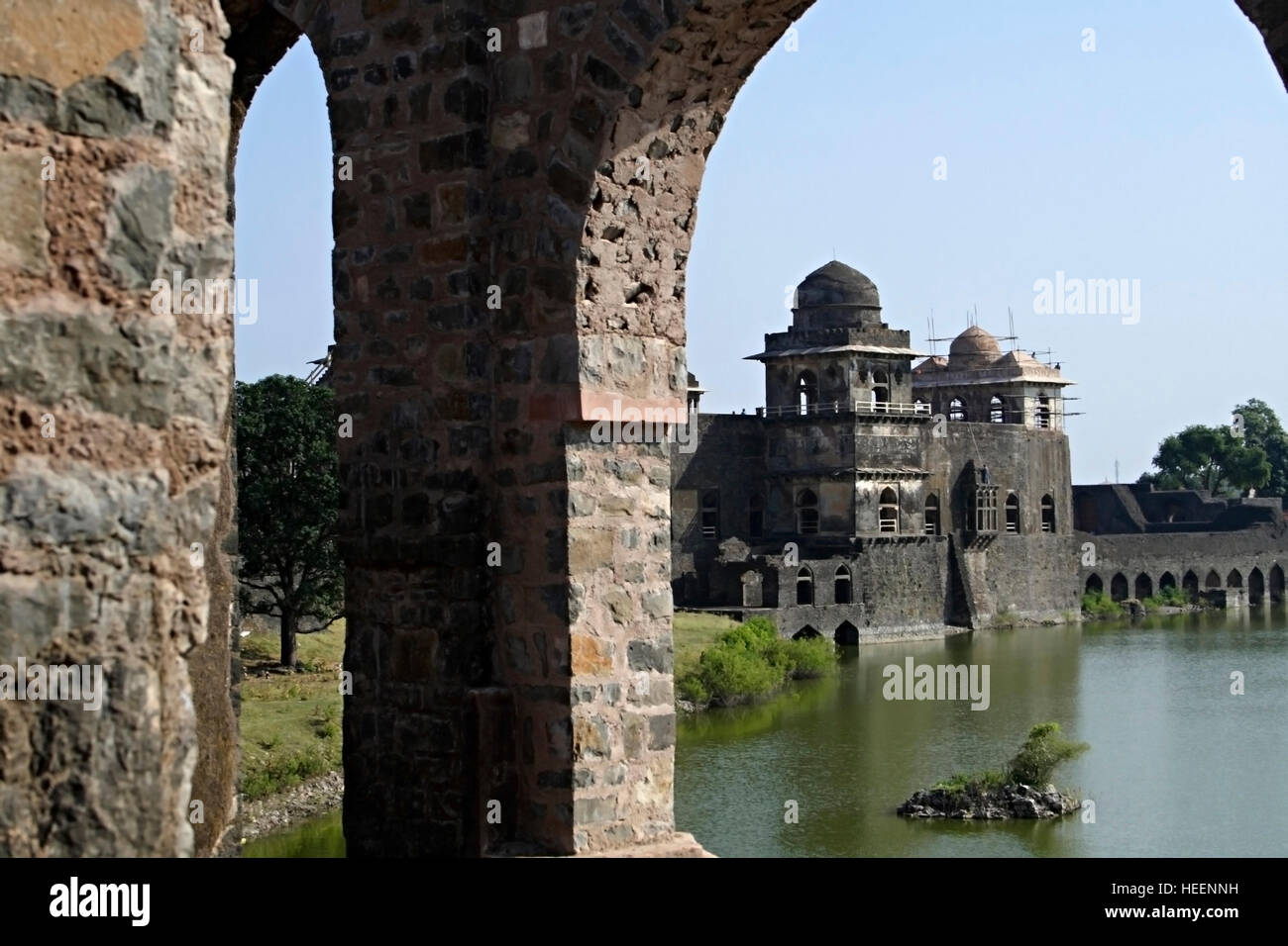 Long shot of Jahaj Mahal, Mandu Fort, Mandu City (also known as City of Joy) Madhya Pradesh, India The Jahaz Mahal or the Ship Palace Stock Photo