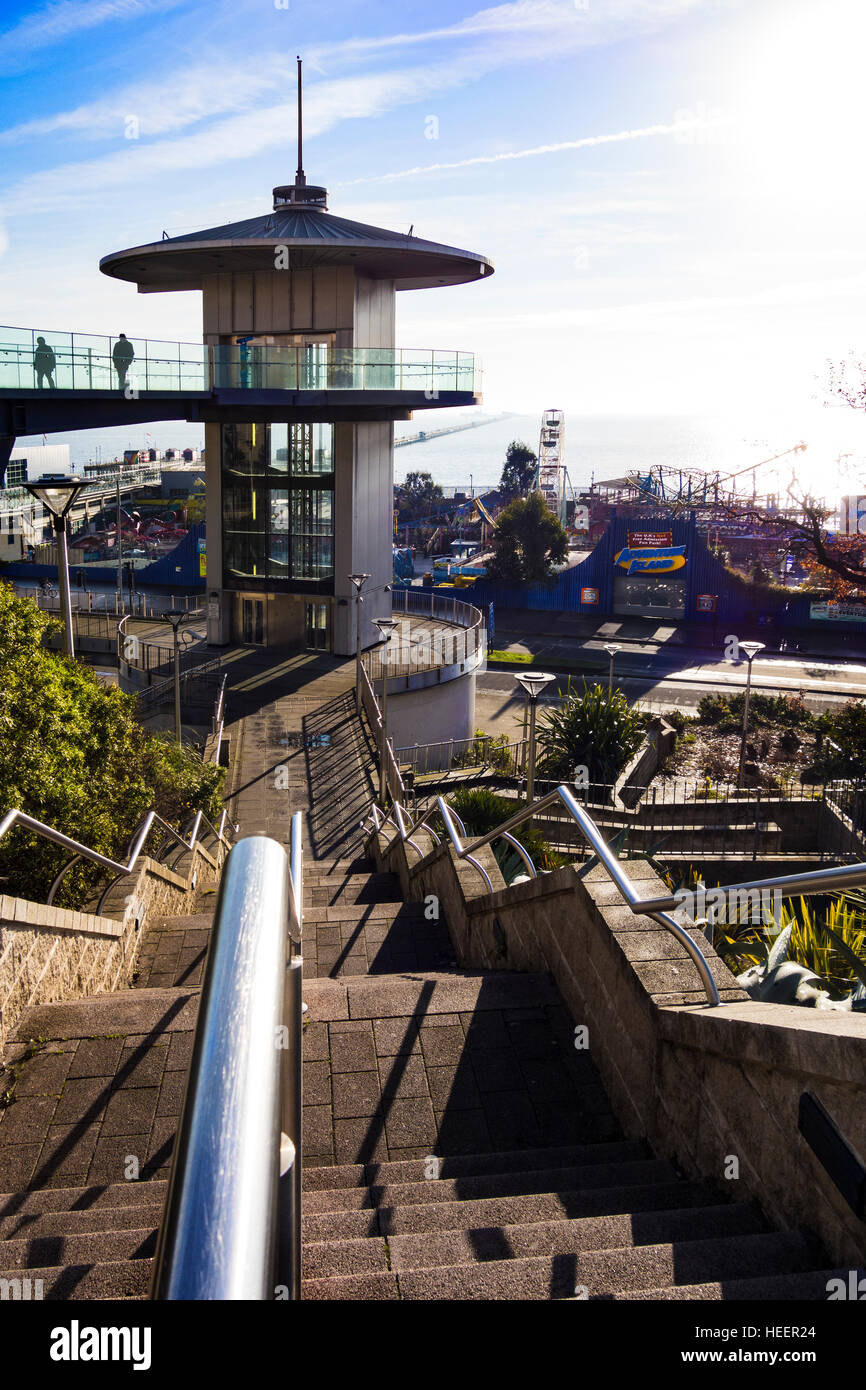 Stairs and lift building and observation platform on Southend seafront. Stock Photo