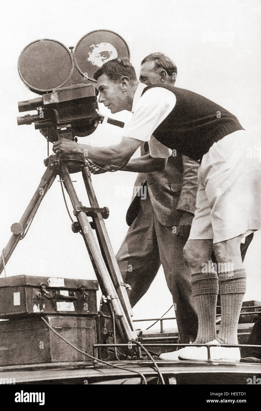 The Duke of York, future King George VI, seen here making a film at one of his annual camps for boys. George VI, 1895 –1952.  King of the United Kingdom and the Dominions of the British Commonwealth. Stock Photo