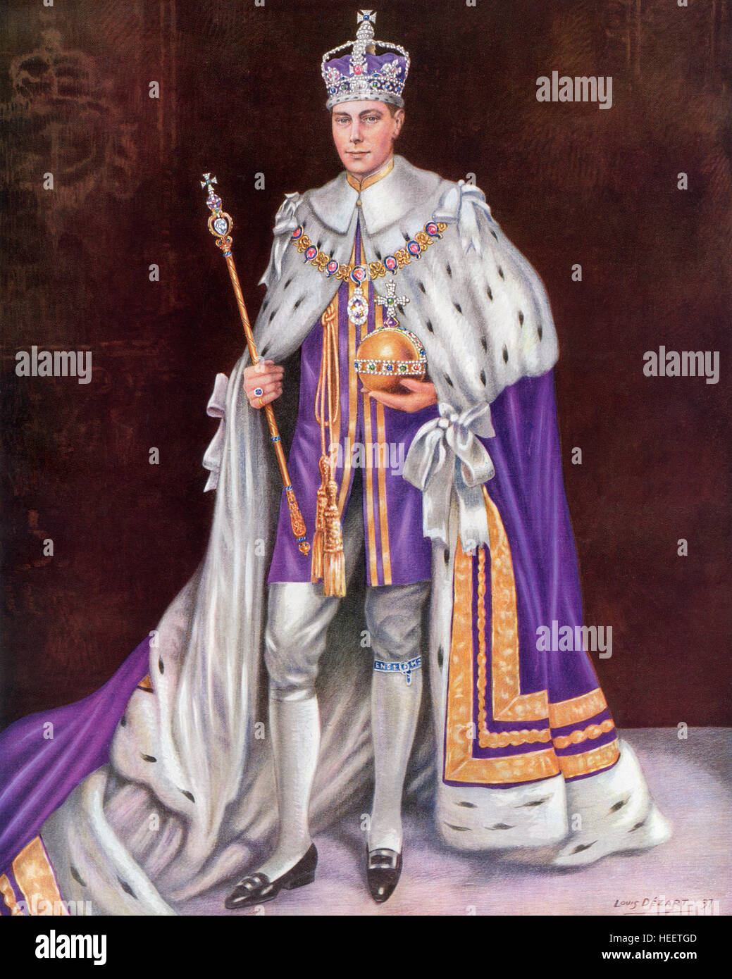 George VI, 1895 – 1952.  King of the United Kingdom and the Dominions of the British Commonwealth. Seen here on the day of his coronation in 1936 wearing the Coronation robes and the crown and holding the Orb and Sceptre. Stock Photo