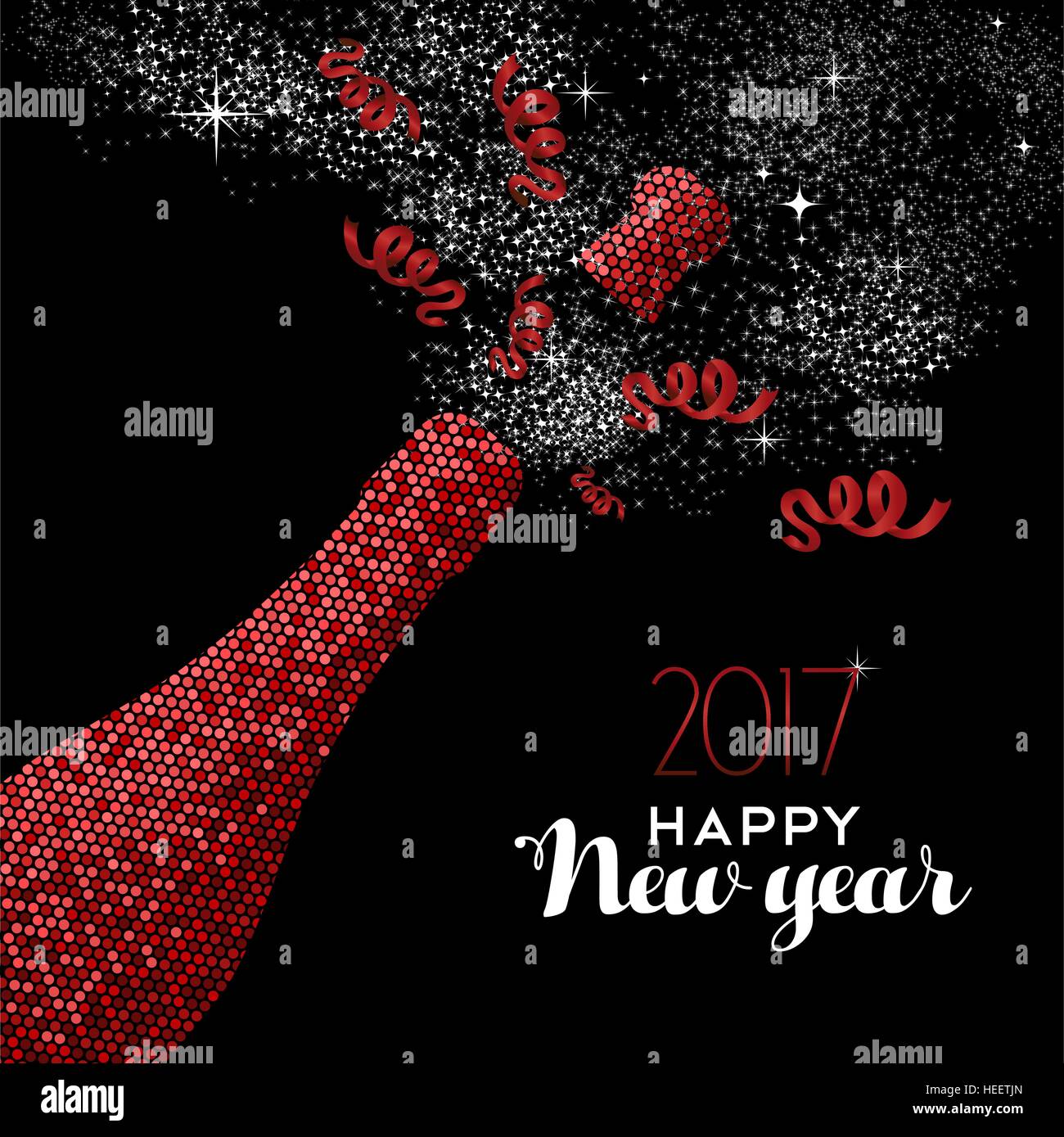 Happy New Year 2017 luxury red champagne bottle celebration in mosaic style. Ideal for holiday card or elegant party invitation. EPS10 vector. Stock Vector