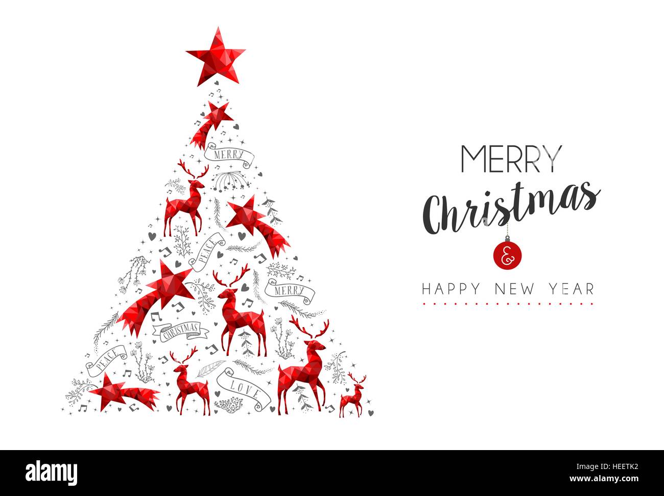 Merry Christmas Happy New Year red vintage decoration. Pine tree design with holiday and reindeer ornaments. EPS10 vector. Stock Vector