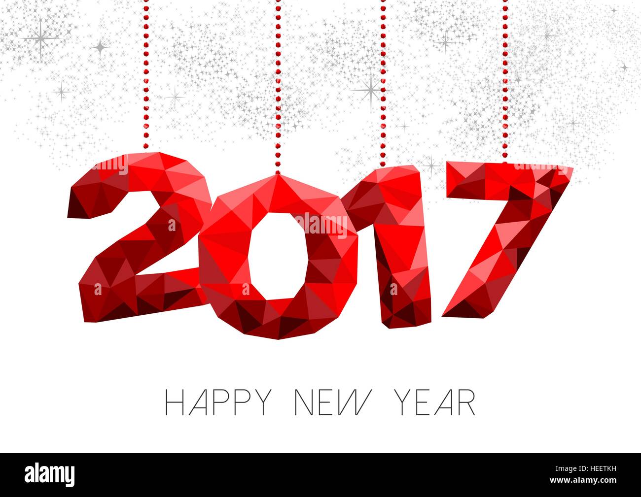 New year 2017 red holiday typography illustration design, low poly decoration on fireworks sky. EPS10 vector. Stock Vector