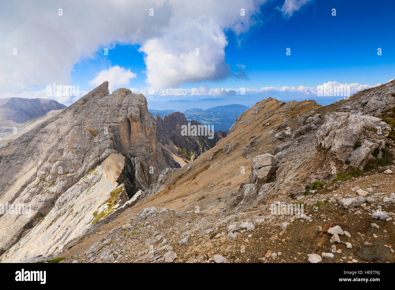 The Latemar mountain massif.  The peaks of Schenon and Cimon del Latemar mountains. M.Rigatti red bivouac. The Dolomites. Trentino. Italian Alps. Stock Photo