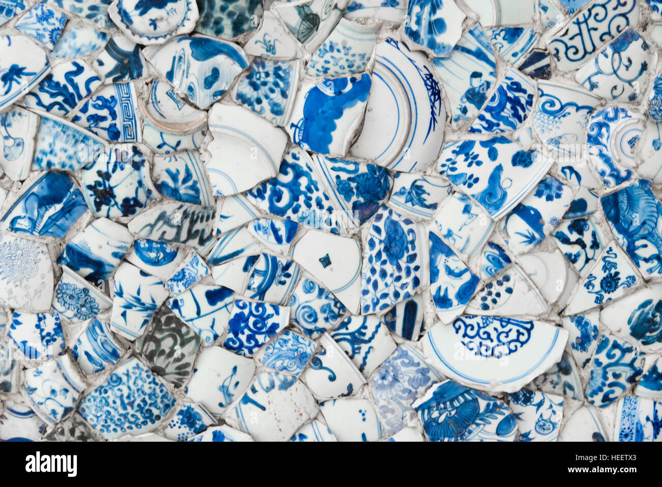 Ceiling decorated with blue and white chinaware in the Porcelain House (also known as China House), with chinaware cemented and glued onto the buildin Stock Photo