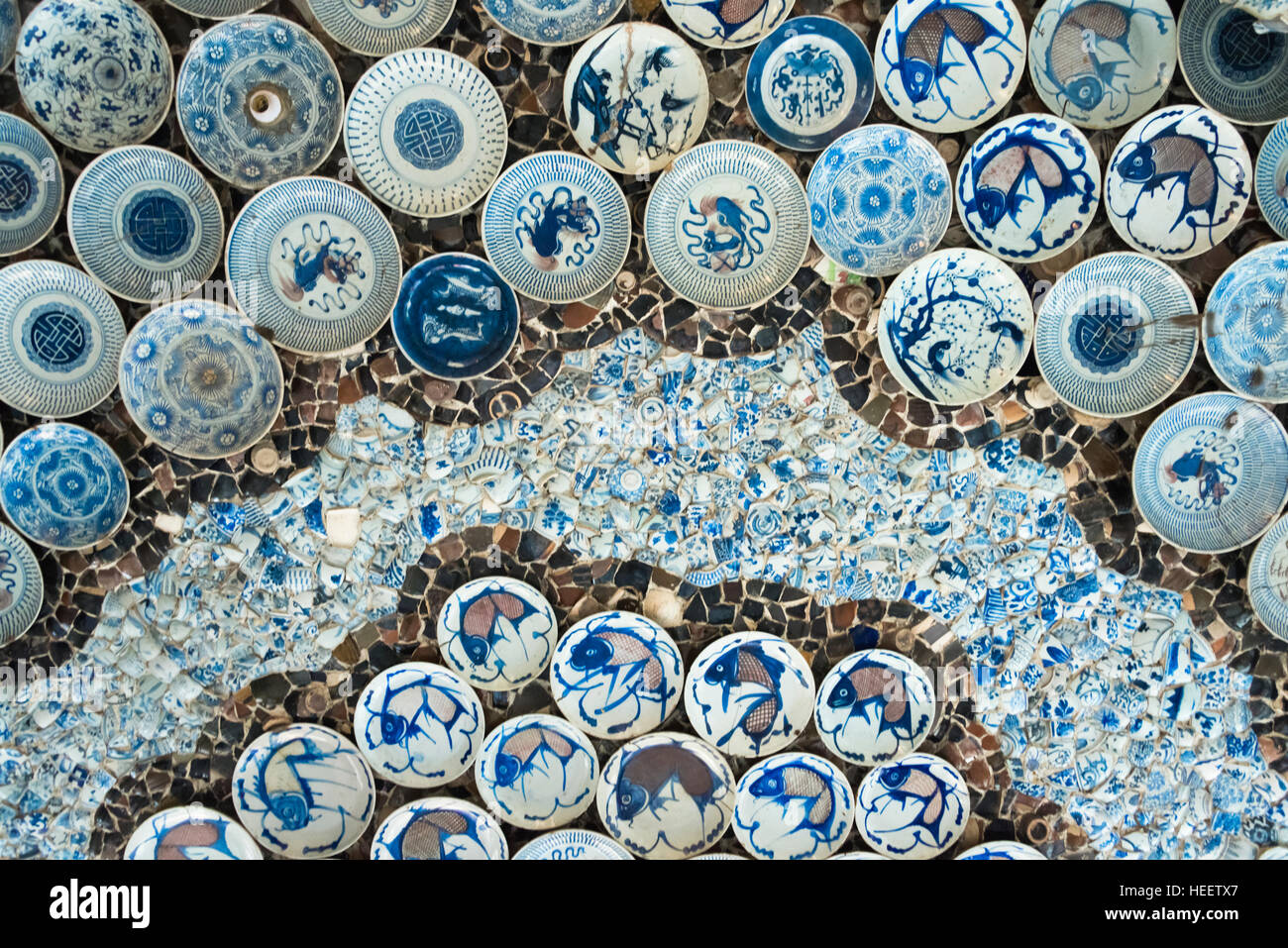 Ceiling decorated with blue and white chinaware in the Porcelain House (also known as China House), with chinaware cemented and glued onto the buildin Stock Photo