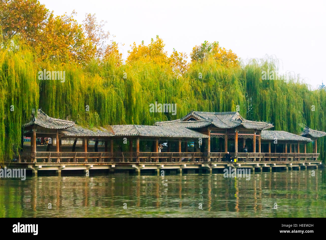 Traditional pavilion corridor along the Grand Canal, Taierzhuang Ancient Town, Shandong Province, China Stock Photo