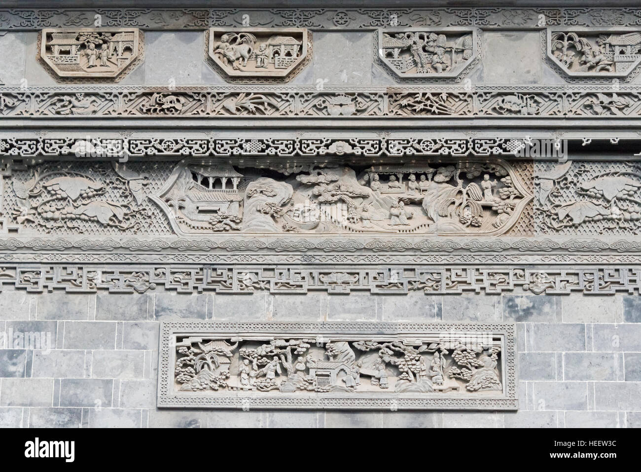 Stone carving on traditional house, Taierzhuang Ancient Town, Shandong Province, China Stock Photo