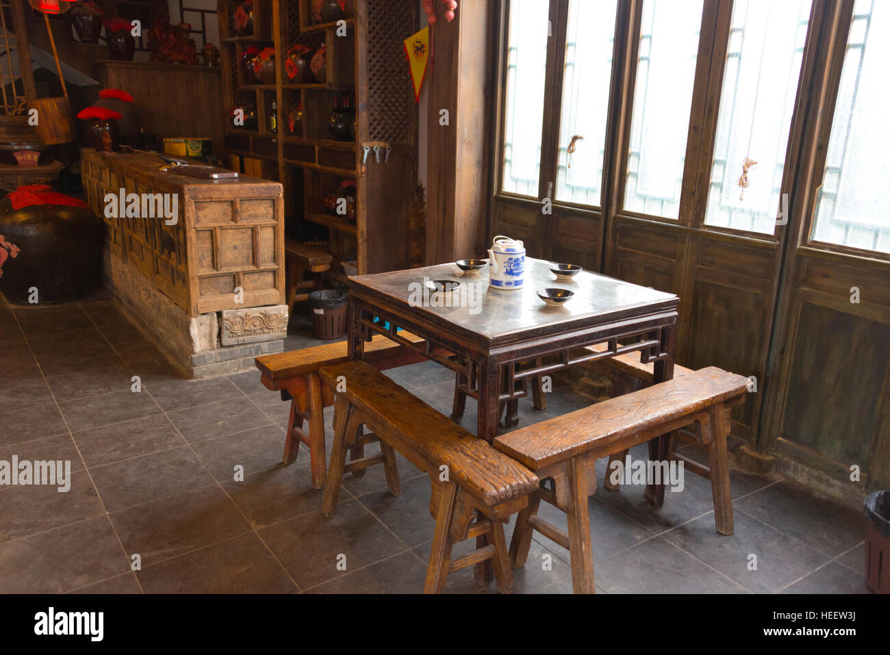 Interior of a renovated old days wine house, Taierzhuang Ancient Town, Shandong Province, China Stock Photo