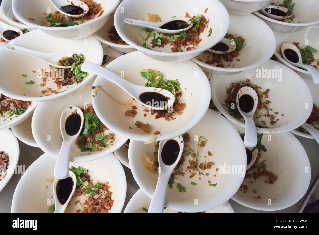 Seasonings in the dumpling bowls , Yangzhou, Jiangsu Province, China Stock Photo