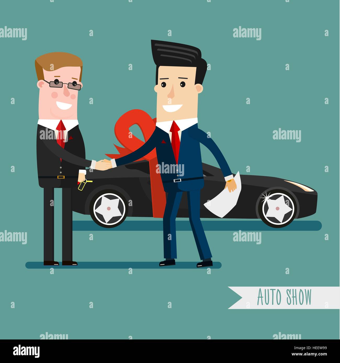 Businessman or manager is holding a key of  new car. Happy, smile. Business concept cartoon illustration. Stock Vector
