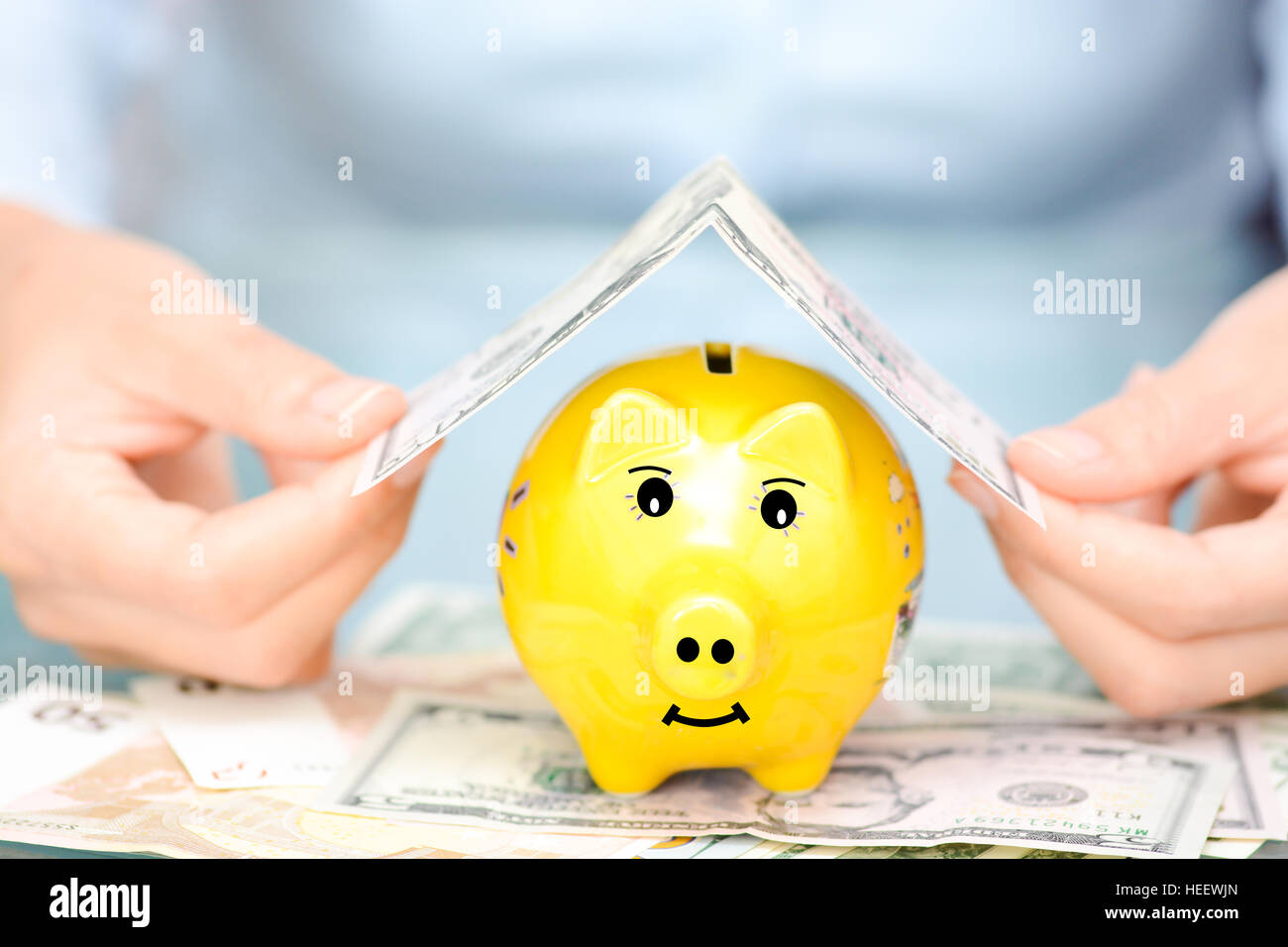 Protect your economies concept with yellow piggy bank covered by US dollar bill as rooftop Stock Photo