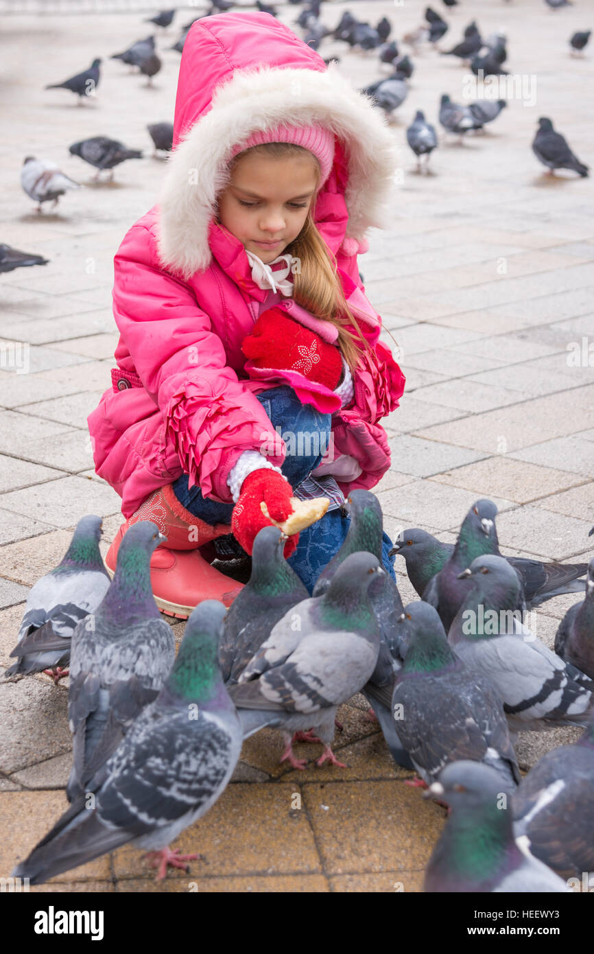 Seven-year girl feeding pigeons with bread in the street Stock Photo