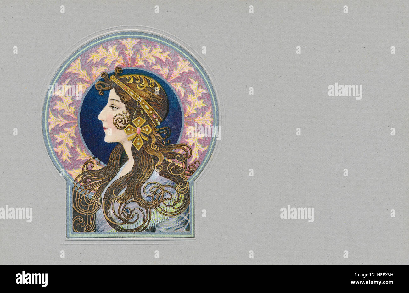 Art nouveau postcard printed chromolithographically, embossed and overprinted with silver ink. Stock Photo