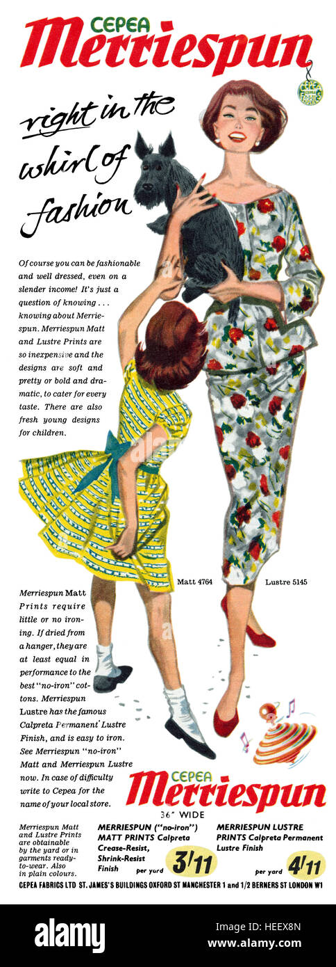 1957 British advertisement for Merriespun Fabrics illustrated by Aubrey Rix Stock Photo