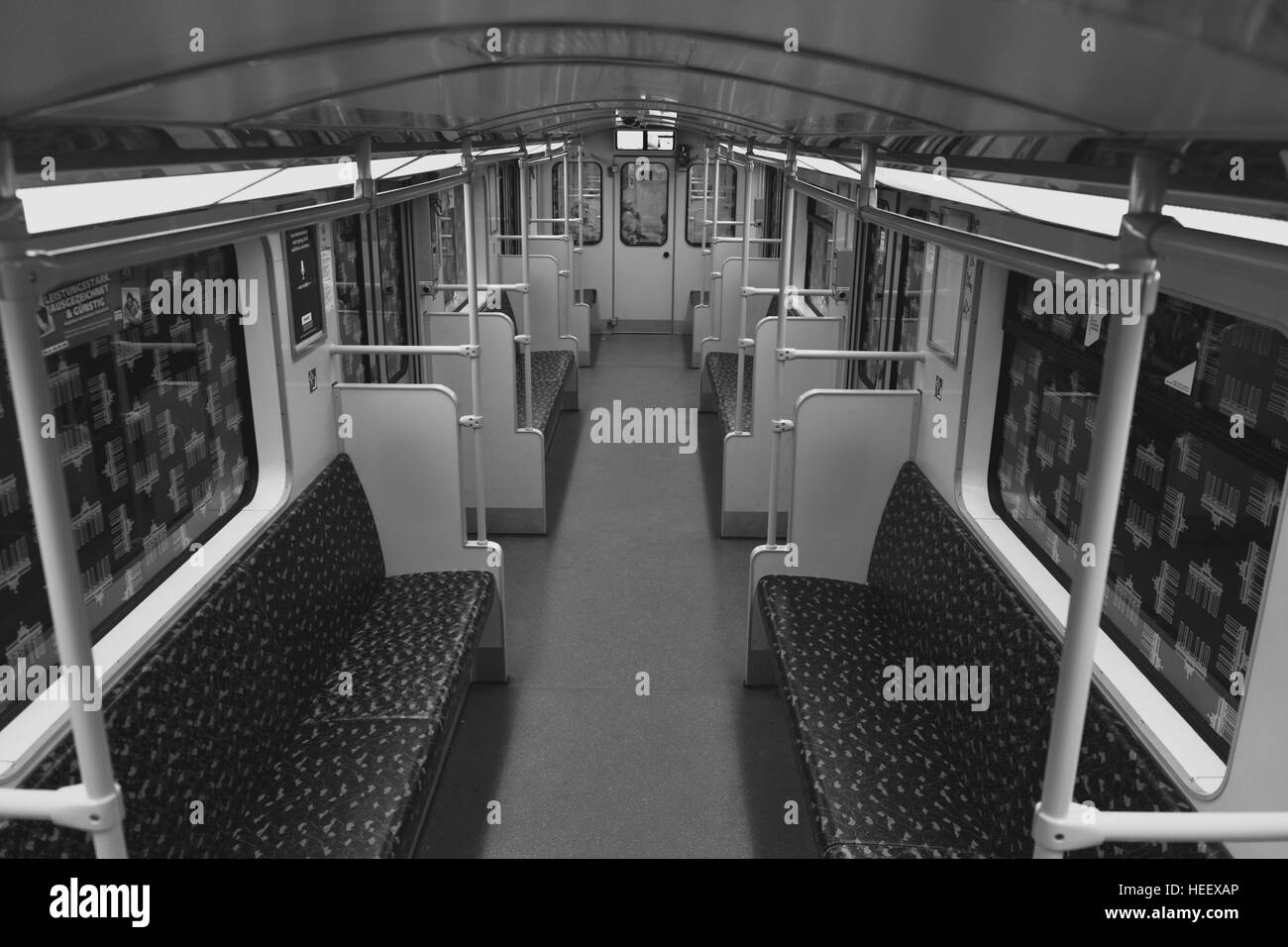 Security camera perspective in empty subway train (U-Bahn) in Berlin, Germany. Stock Photo