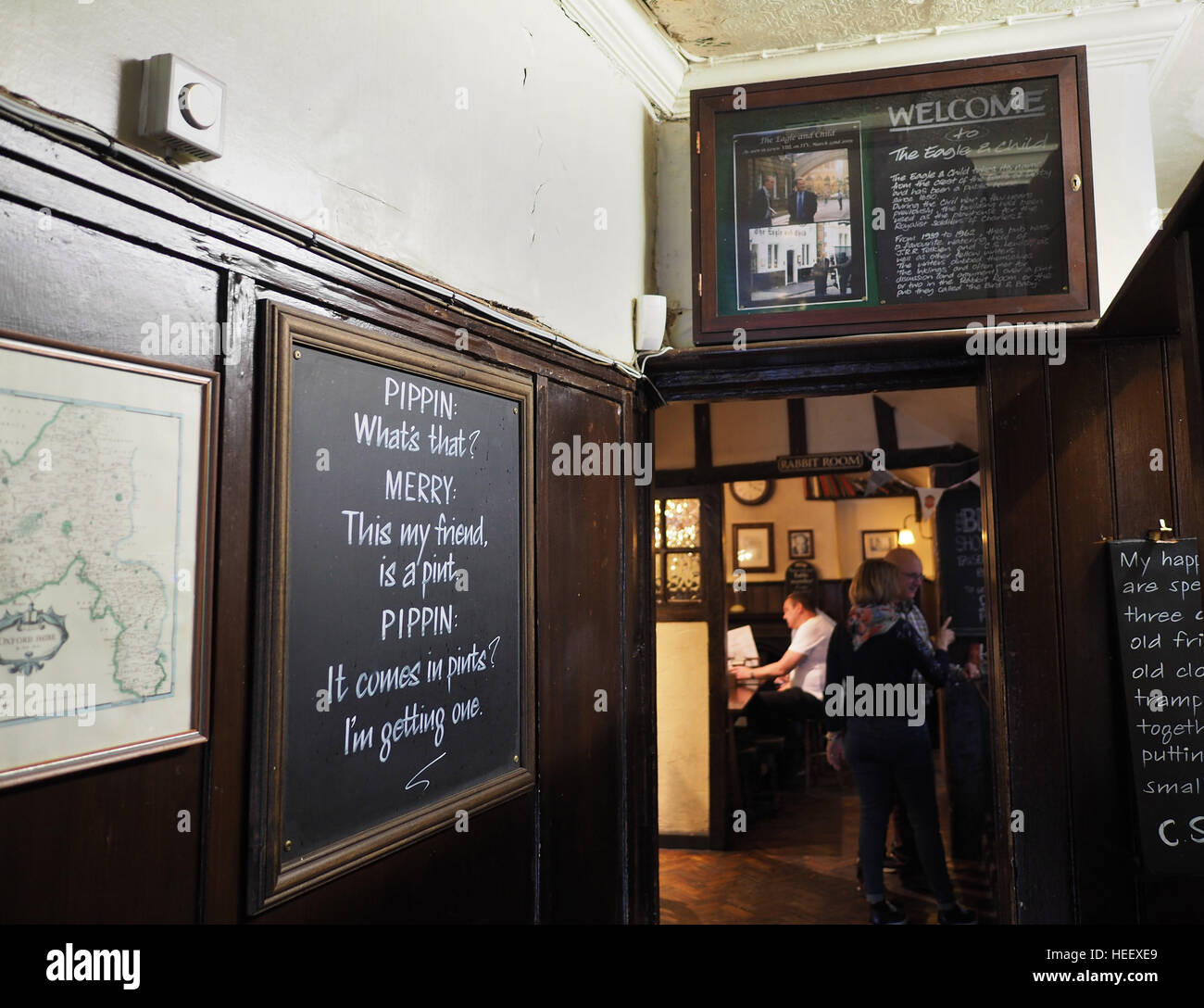 The Eagle and Child pub where Tolkien and C.S. Lewis used to drink with their friends is full of memorabilia of those famous Stock Photo